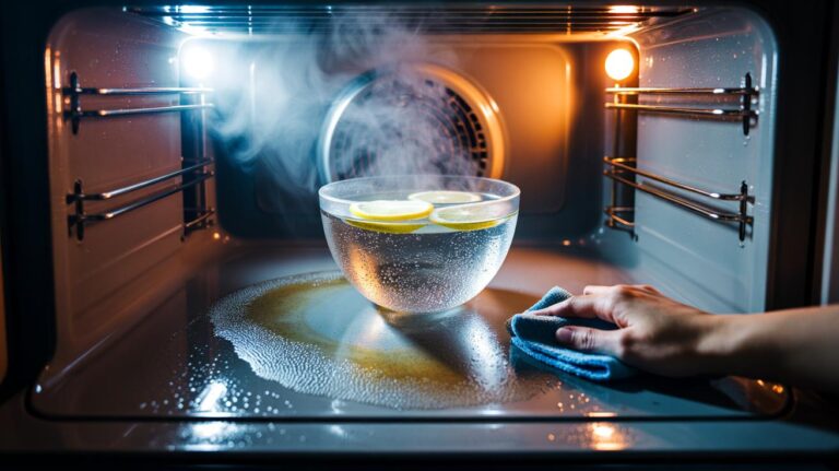 Illustration of a bowl of water steaming inside an oven to loosen baked-on grease through condensation