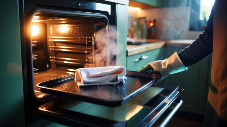 Illustration of a damp towel steaming inside a warm oven to loosen burnt-on residue