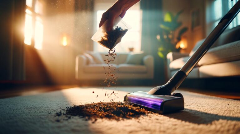 Illustration of dried tea leaves from used tea bags lightly sprinkled over a carpet and being vacuumed to neutralise odours.