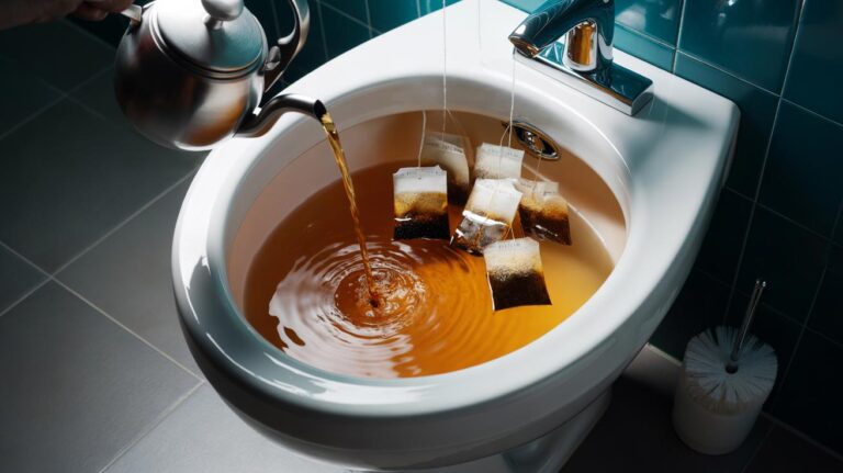 Illustration of tea bags steeping in a toilet bowl to dissolve ring stains using tannins
