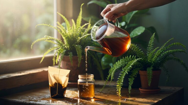 Illustration of diluted tea from a tea bag being applied to potted ferns to enhance leaf colour through tannins