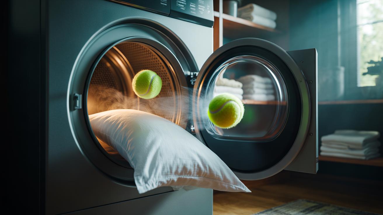 Illustration of a tennis ball inside a tumble dryer bouncing with pillows to break clumps and restore loft