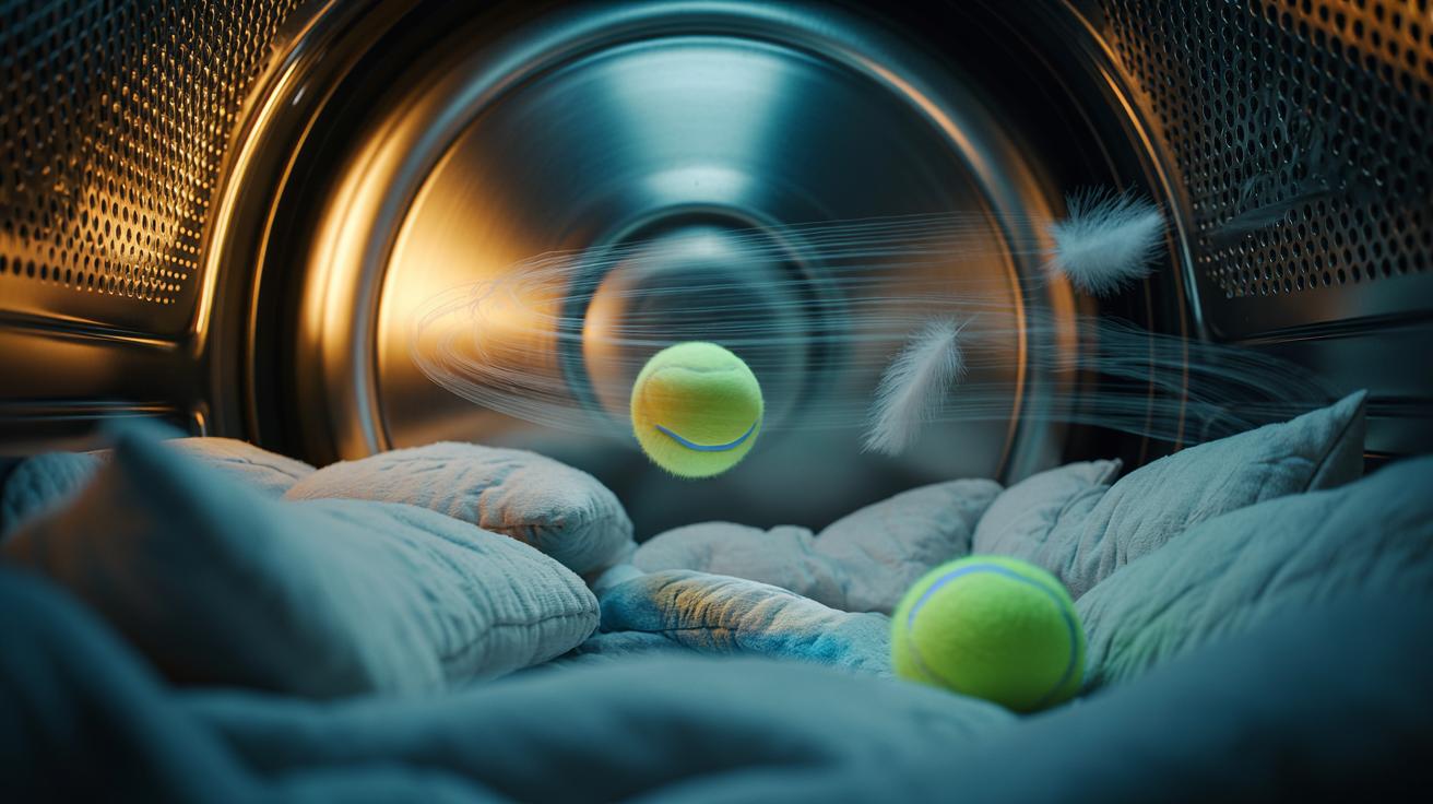 Illustration of a tennis ball inside a tumble dryer with pillows, used to fluff them by breaking up clumps