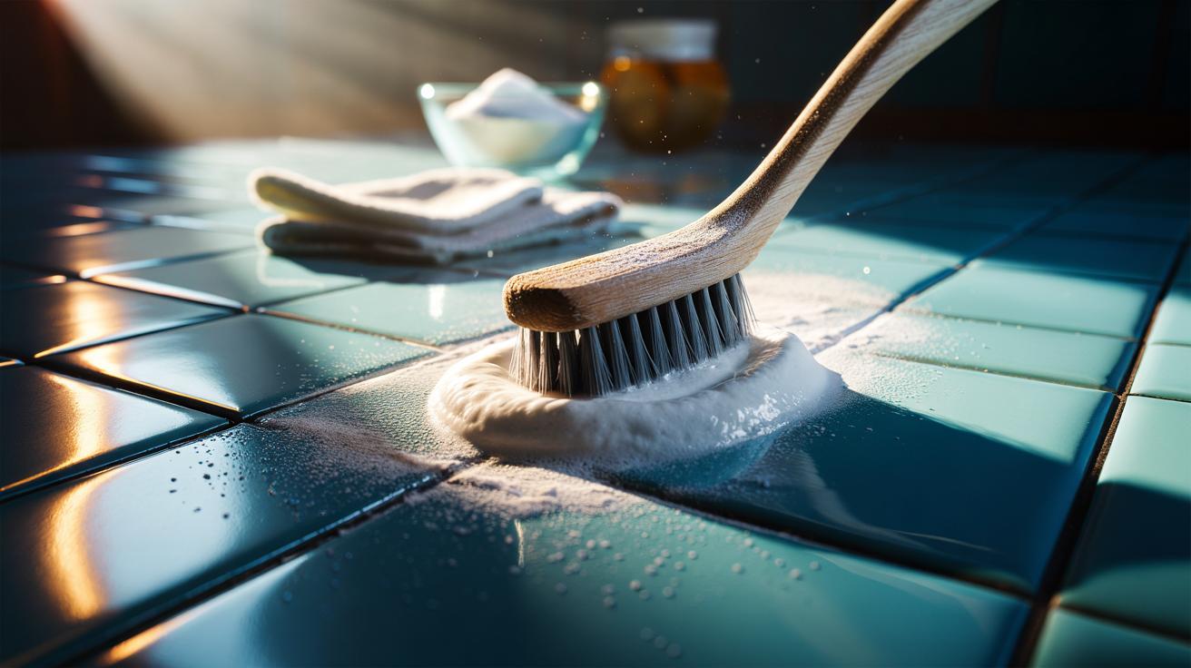 Illustration of a toothbrush cleaning tile grout with a bicarbonate of soda paste, lifting dirt from between ceramic tiles.