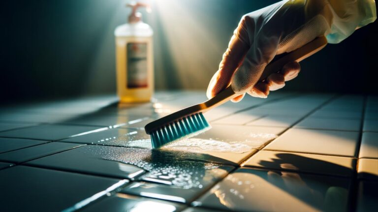 Illustration of a toothbrush scrubbing grout lines between bathroom tiles, tiny bristles penetrating pores to lift embedded stains