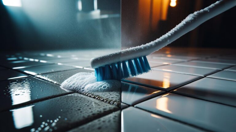Illustration of a stiff-bristled toothbrush scrubbing grout between tiles to remove hidden residue and restore whiteness