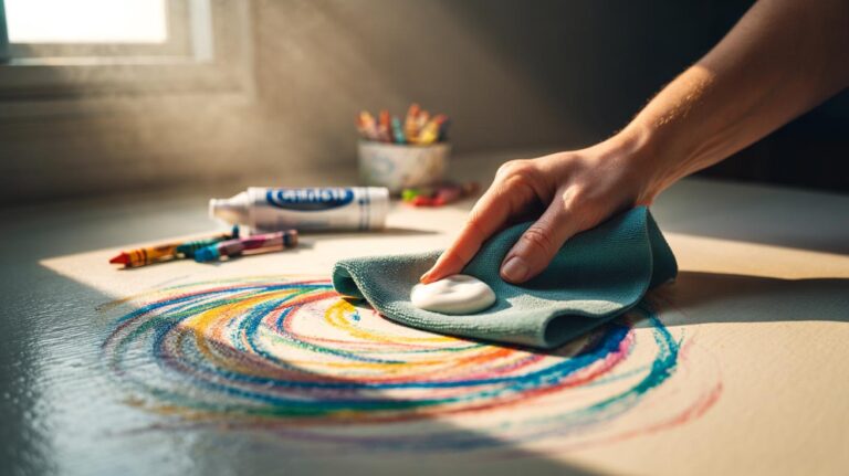 Illustration of a person using non-gel white toothpaste on a damp cloth to remove crayon marks from a painted wall