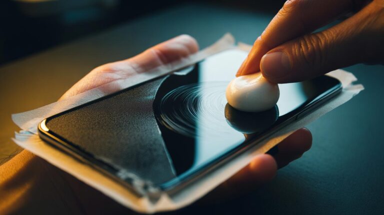 Illustration of white, non-gel toothpaste being applied with a microfiber cloth to a scratched glass surface in small circular motions to reduce scuffs and restore clarity.