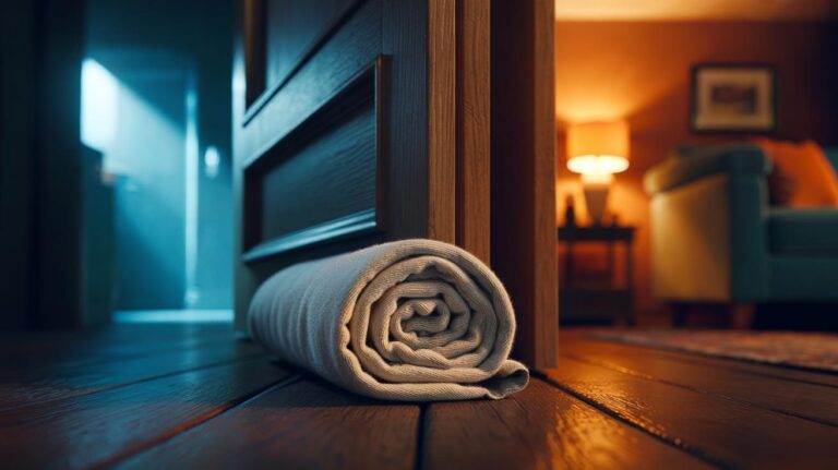 Illustration of a rolled towel placed at the base of a door to block draughts and trap warmth indoors