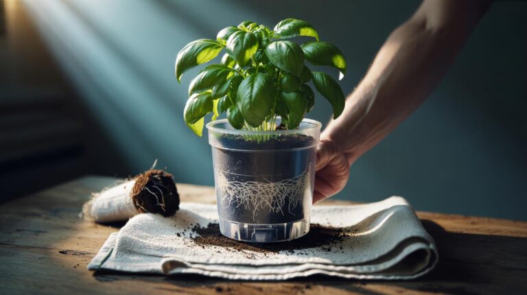 Illustration of a gardener using a towel to wick excess water from a potted plant to prevent root rot