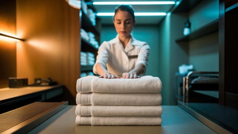 Illustration of a hotel housekeeper folding and tightly stacking white terry towels on a shelf to keep them fluffy
