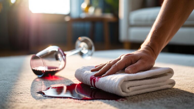 Illustration of the towel-press method lifting a fresh spill from carpet by rapid absorption to prevent deep stains