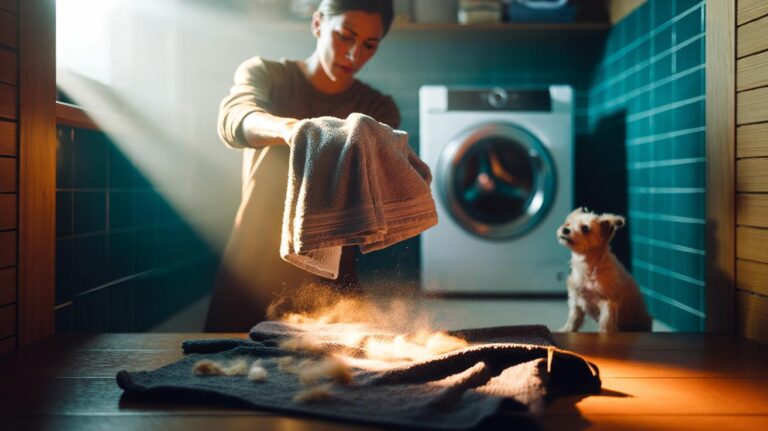 Illustration of a person snapping a towel to remove pet hair from clothes before loading=