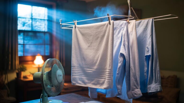 Illustration of a towel stretched taut across a clothes airer, supporting draped garments to create surface separation and improve airflow for faster indoor drying