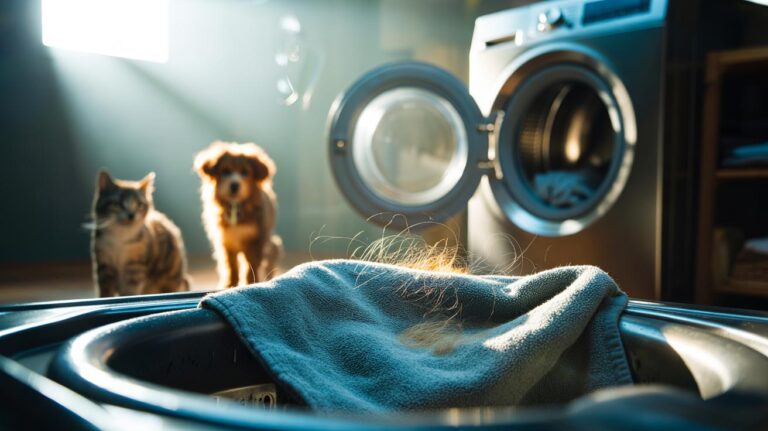 Illustration of a damp microfibre towel inside a washing machine drum trapping pet hair from laundry