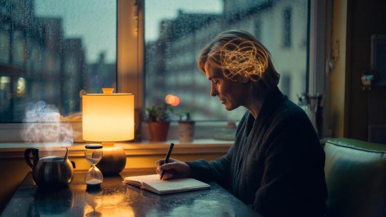 Illustration of a person timing a two-minute gratitude habit, writing a brief thank-you note, with brain imagery symbolising a shift toward optimism