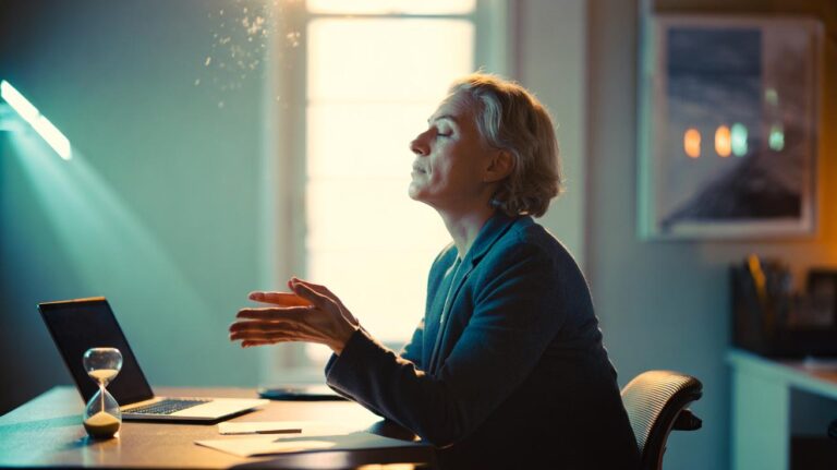 Illustration of a person sitting in stillness with eyes closed, practising a two-minute breathing pause with a visible 2:00 timer to reset the stress cycle
