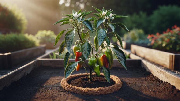Illustration of a thin ring of used coffee grounds around a pepper plant in soil