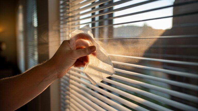 Illustration of a used dryer sheet swiping across window blind slats, attracting and trapping dust with leftover static