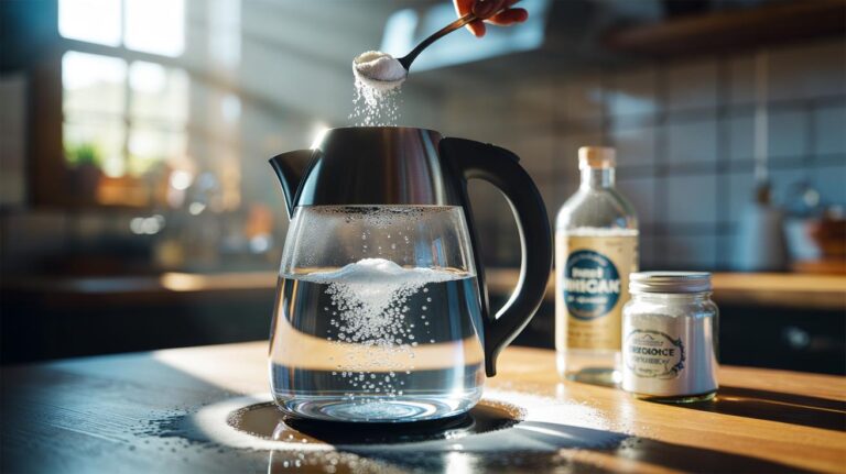 Illustration of an electric kettle undergoing a vinegar and bicarbonate of soda soak, with fizzing carbon dioxide bubbles lifting limescale from the interior
