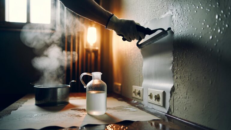 Illustration of boiling water mixed with vinegar loosening old wallpaper glue with steam for fast removal