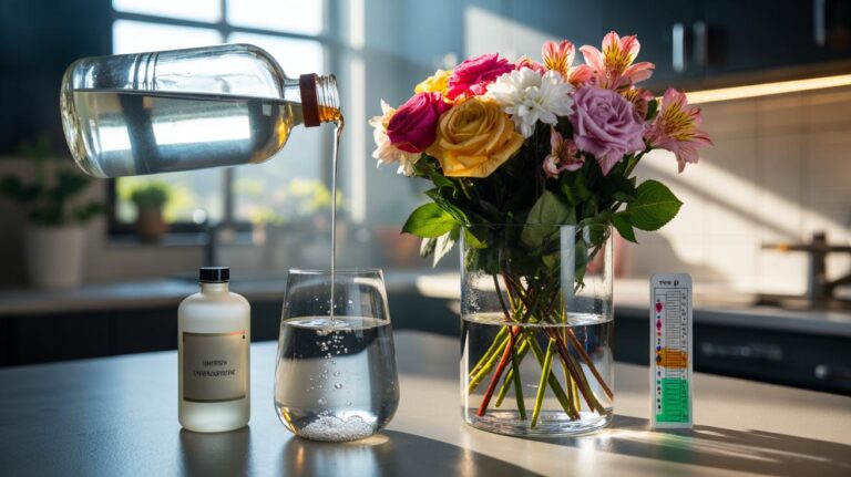 Illustration of white vinegar being poured into a vase of cut flowers to lower pH and curb stem bacteria