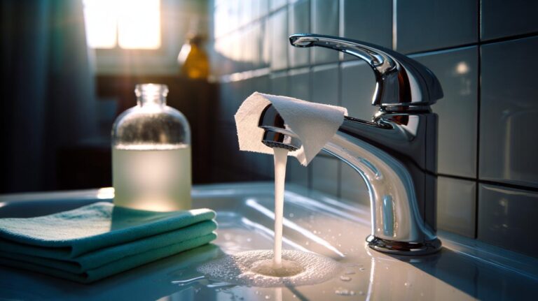 Illustration of a vinegar-soaked paper towel wrapped around a bathroom tap to dissolve limescale for a streak-free clean