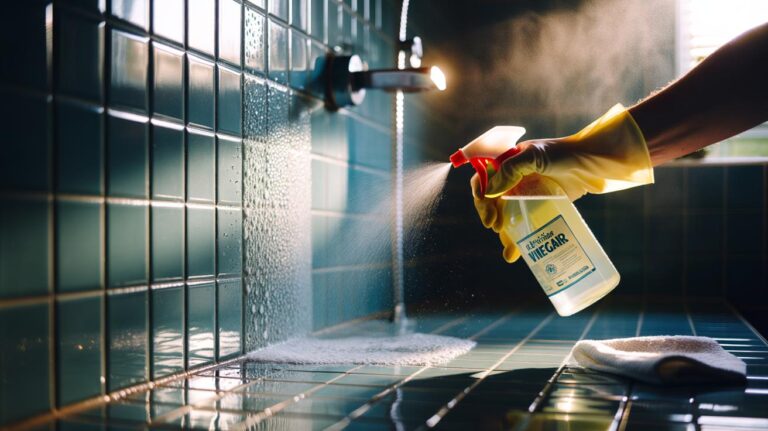 Illustration of a vinegar rinse cutting through soap scum to brighten bathroom tiles