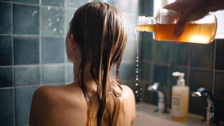 Illustration of a diluted vinegar hair rinse being poured through wet hair to close cuticles for instant shine
