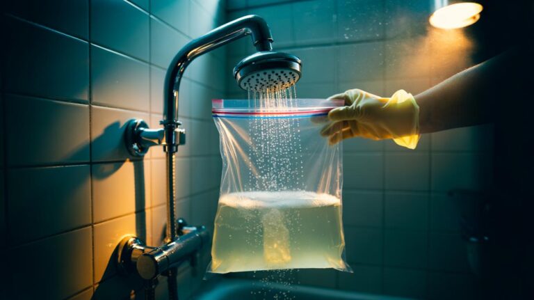 Illustration of a shower head soaking in a clear plastic bag filled with white vinegar to dissolve limescale and restore water pressure