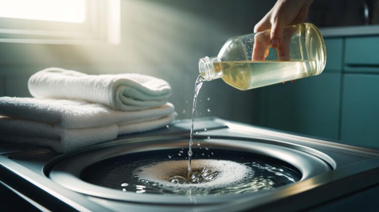 Illustration of distilled white vinegar being poured into a washing machine’s rinse compartment to remove detergent buildup and keep towels soft