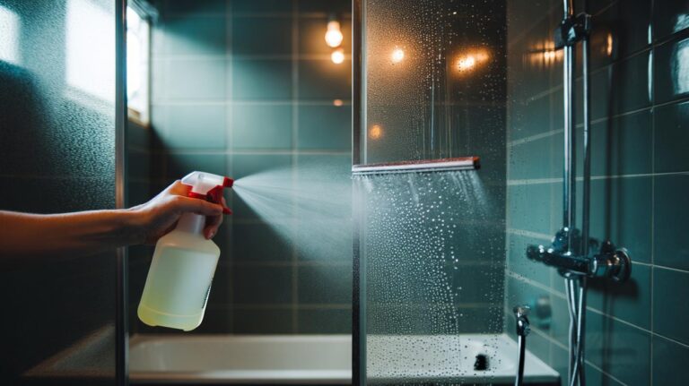Illustration of a hand spraying white vinegar onto a glass shower door and using a squeegee to prevent soap scum.