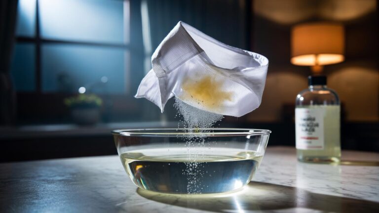 Illustration of a cotton shirt soaking in a white vinegar solution to dissolve yellow underarm sweat stains overnight