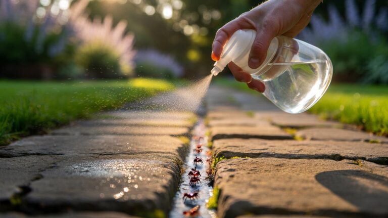 Illustration of white vinegar being sprayed onto a garden path to disrupt ant pheromone trails and deter ants