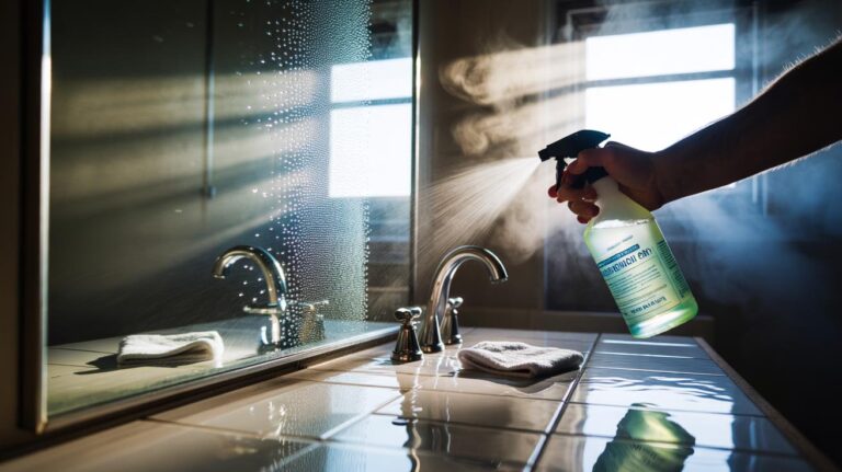Illustration of a bathroom mirror being misted with a white vinegar spray to keep it fog-free