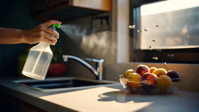 Illustration of a white vinegar spray being applied to kitchen surfaces to keep fruit flies away
