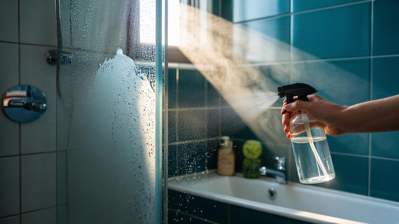 Illustration of a spray bottle with white vinegar misting a shower glass door to prevent soap scum and limescale buildup