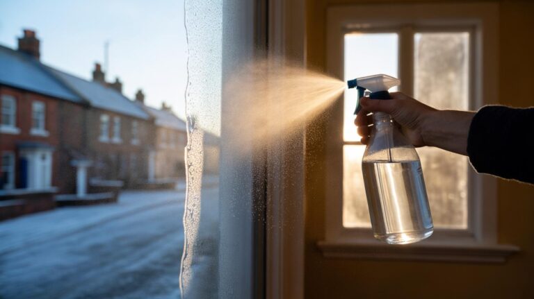 Illustration of a hand spraying a vinegar-water solution onto a window to prevent winter fogging