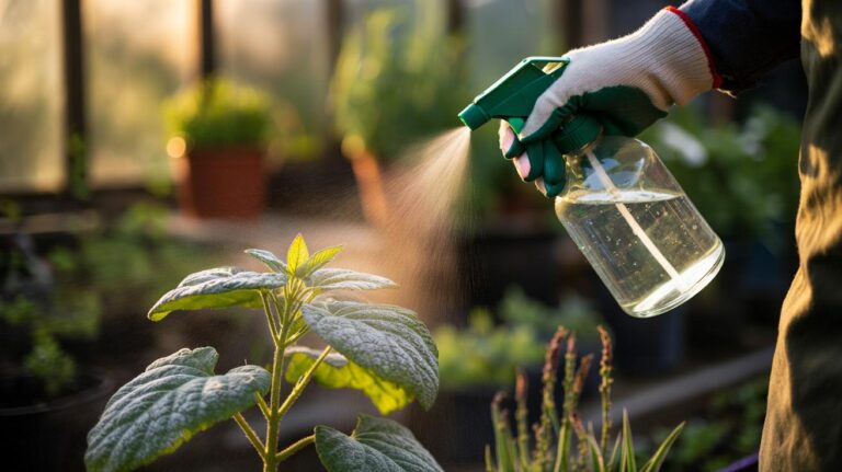 Illustration of a gardener spraying a diluted vinegar solution onto plant leaves to prevent mold