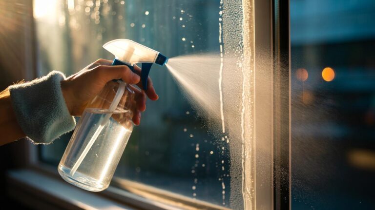 Illustration of a hand spraying diluted white vinegar onto a limescale-stained glass window to dissolve mineral deposits