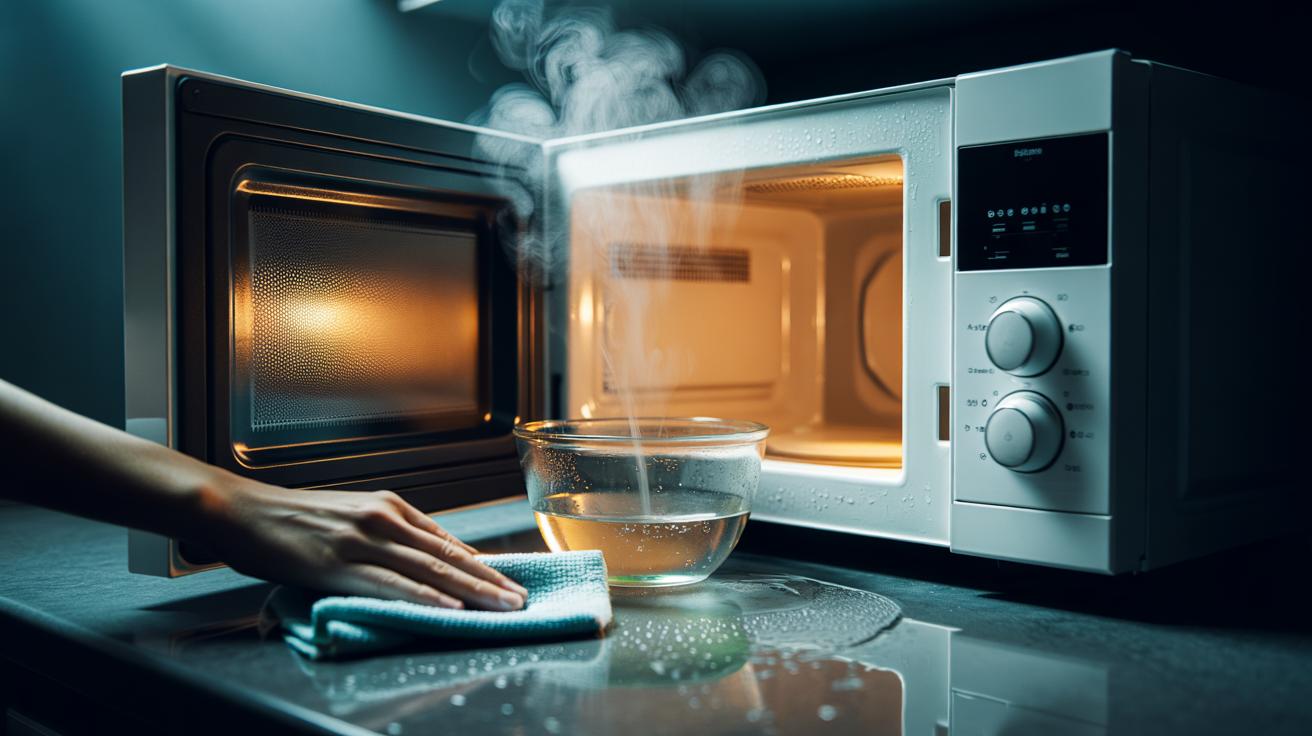 Illustration of a microwave being cleaned with the vinegar-steam method, with a bowl of diluted vinegar steaming inside and a microfibre cloth wiping loosened grime