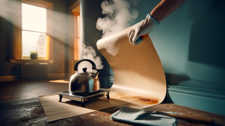 Illustration of vinegar steam loosening wallpaper adhesive so sheets peel away without scraping