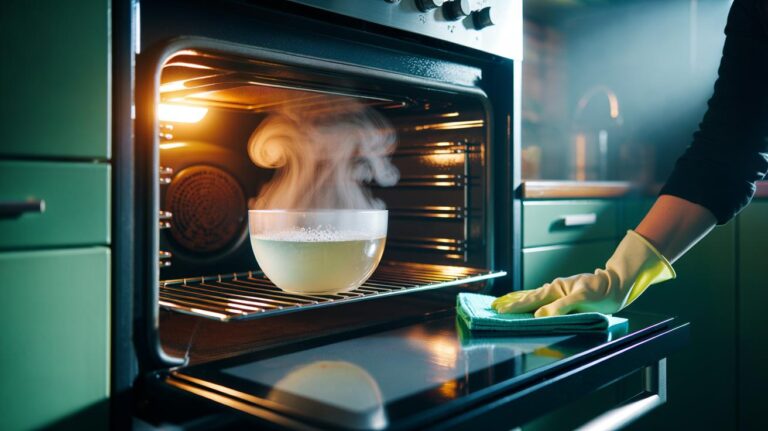 Illustration of a bowl of white vinegar and water steaming in a heated oven to loosen burnt grease for easy wipe-down
