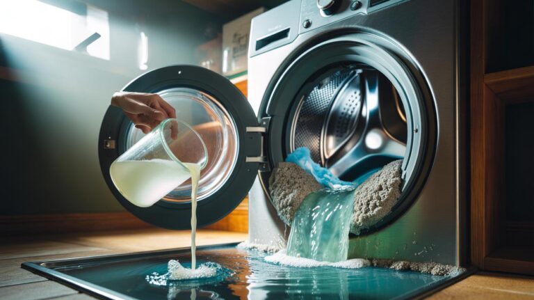 Illustration of the vinegar-wash cycle in a front-loading washing machine, with acidic water from white vinegar flushing hidden limescale and biofilm from the drum and drawer channels