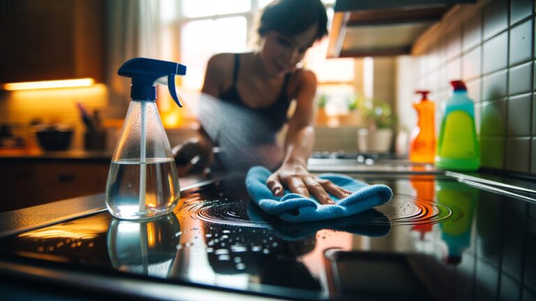 Illustration of a hand wiping a greasy stovetop with a vinegar solution, demonstrating fast grease removal favored by experts over harsh chemical cleaners