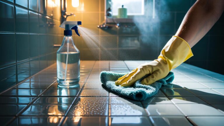 Illustration of white vinegar being sprayed and wiped on bathroom tiles with a microfibre cloth to dissolve cloudy limescale and soap scum