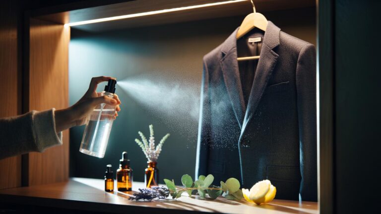 Illustration of a vodka and essential oil fabric spray being misted onto clothing to neutralise odours through alcohol’s rapid evaporation
