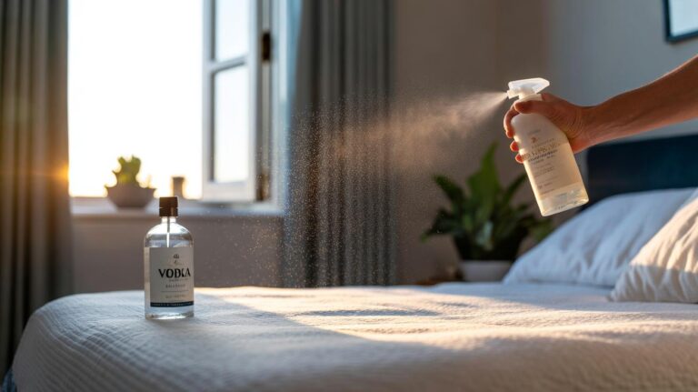 Illustration of a fine mist of vodka being sprayed onto a mattress to neutralise odours and kill surface bacteria