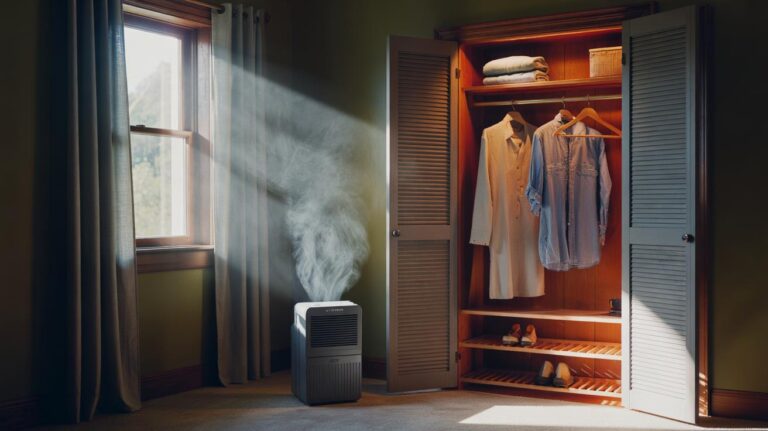 Illustration of an open wardrobe with doors ajar, spaced hangers, and a window on the latch creating cross-ventilation to reduce trapped moisture and prevent musty odours
