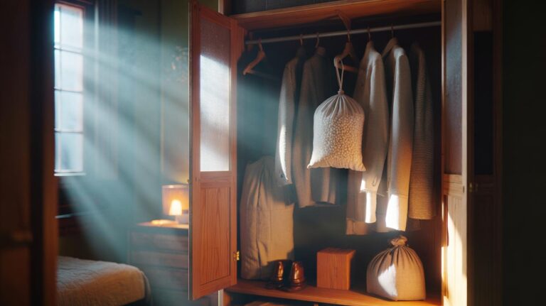 Illustration of muslin sachets filled with uncooked rice placed inside a wardrobe to absorb moisture and prevent musty smells